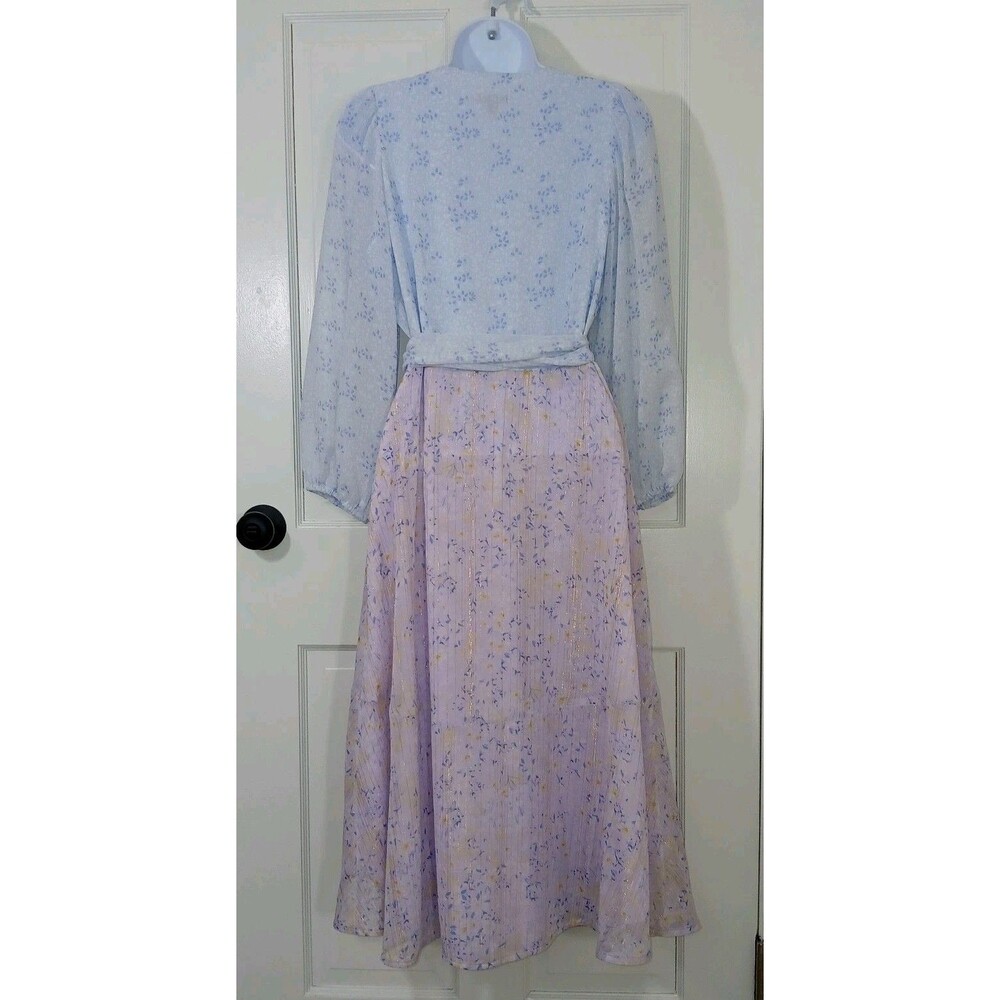 Ann Taylor Petite 6P Floral Wrap Midi Dress Blue Purple Metallic Stripe Tiered - Picture 10 of 14
